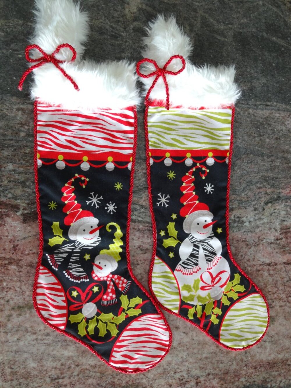 Two Handmade Whimsical Snowman Christmas Stockings with White Faux Fur Cuff
